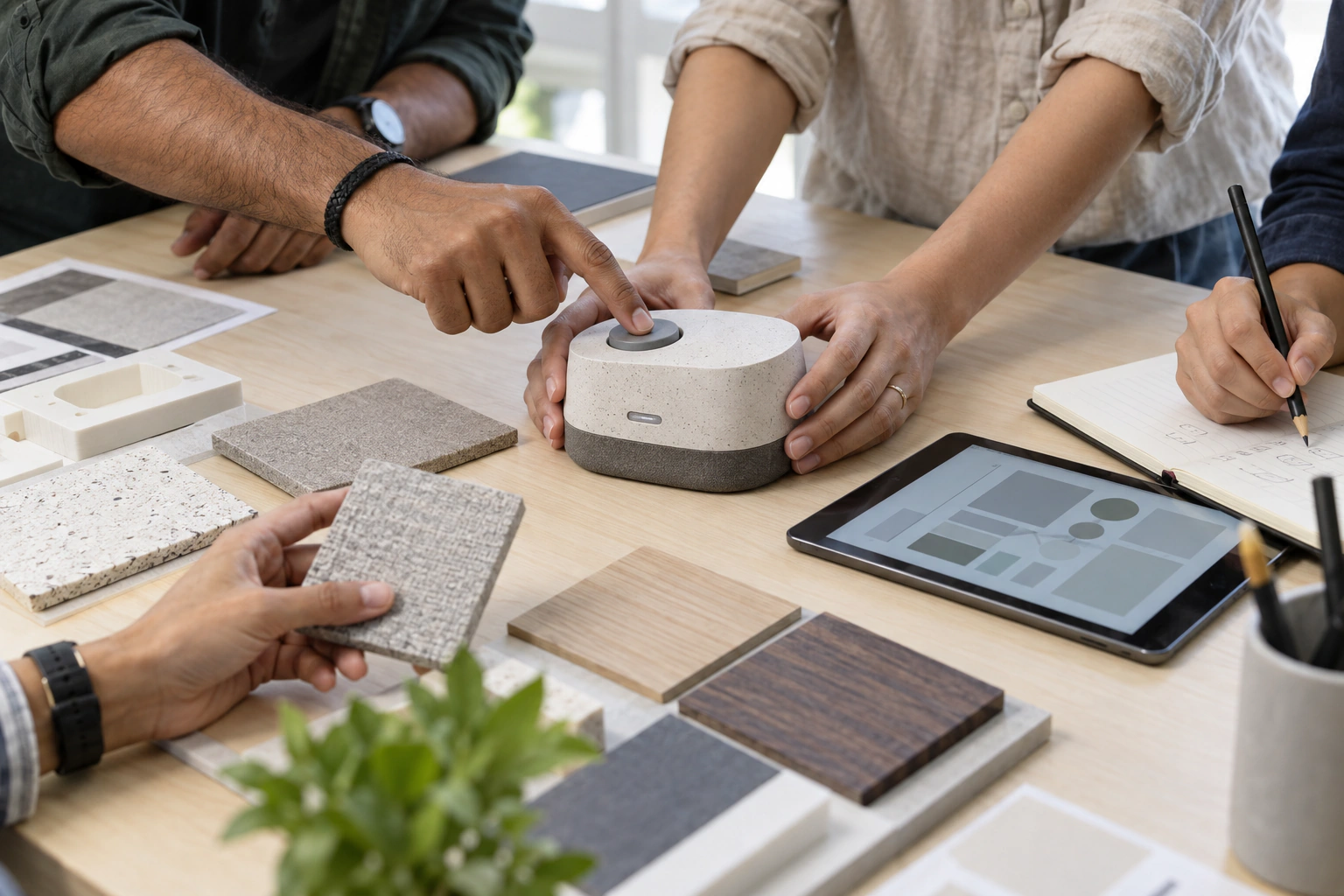 Illustrative close-up of hands testing a product prototype in a studio