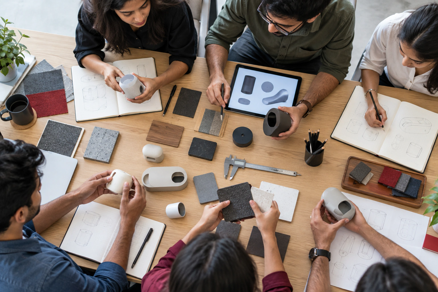 Illustrative overhead view of hands, notes, and prototypes on a worktable