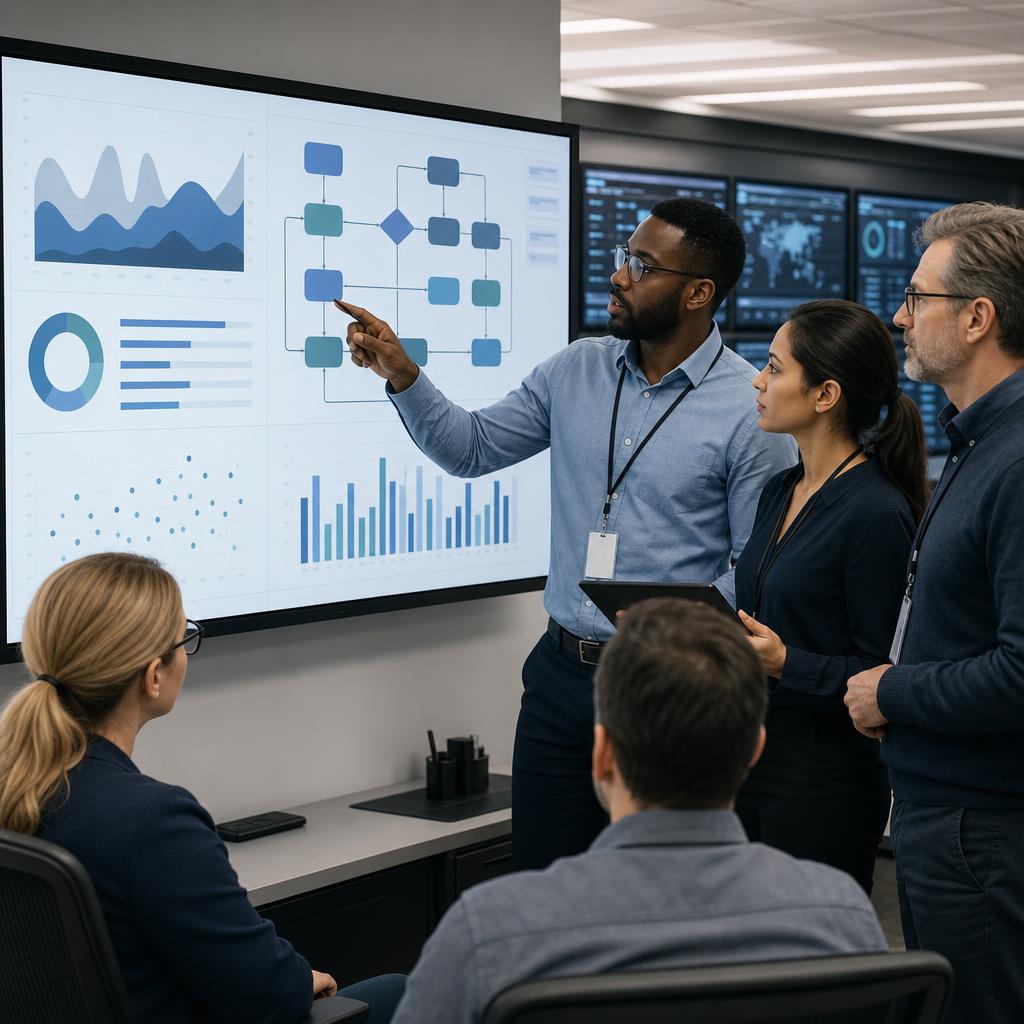 An operations team discussing workflow information on a large screen