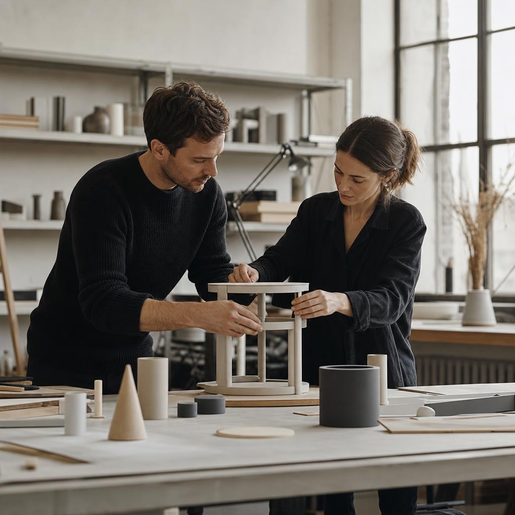 Two designers assembling a physical product prototype in a sunlit studio