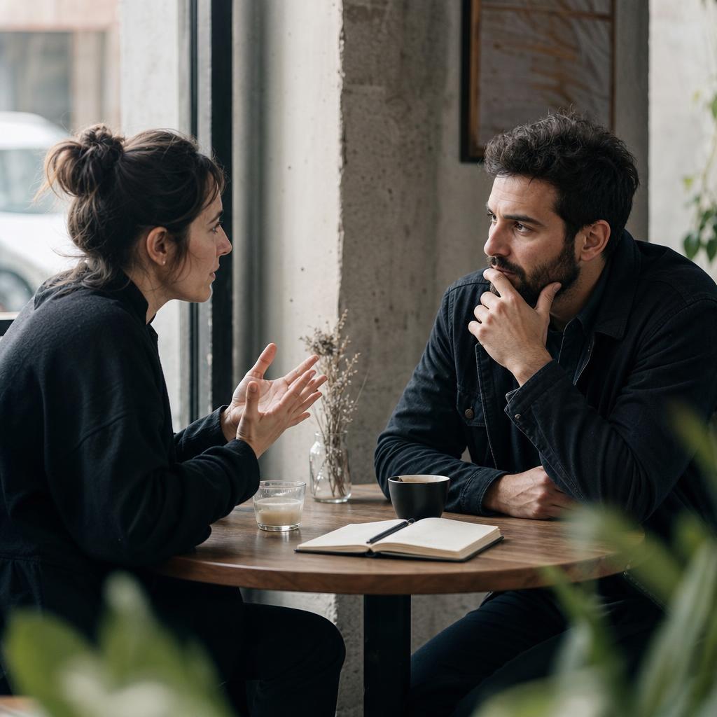 Two people in a focused customer research conversation across a table