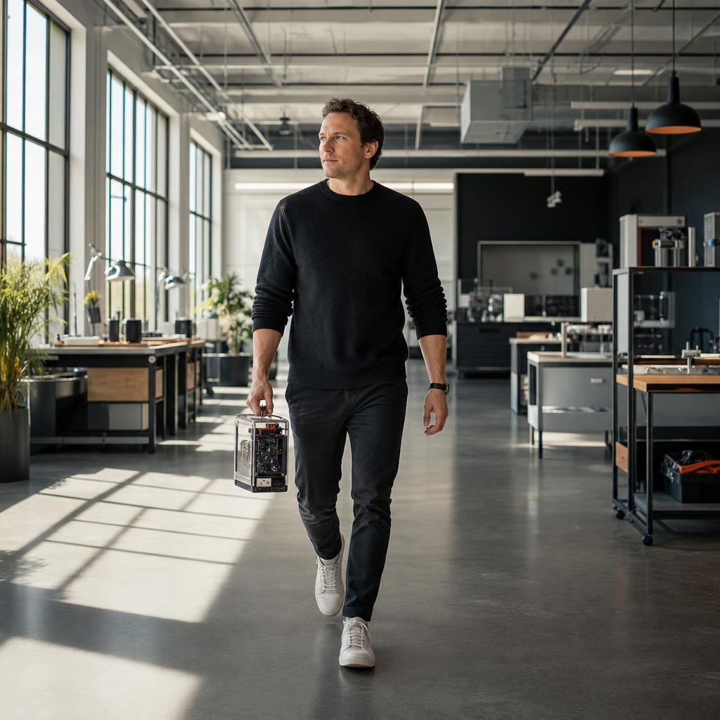 A founder moving purposefully through a bright workspace with a prototype