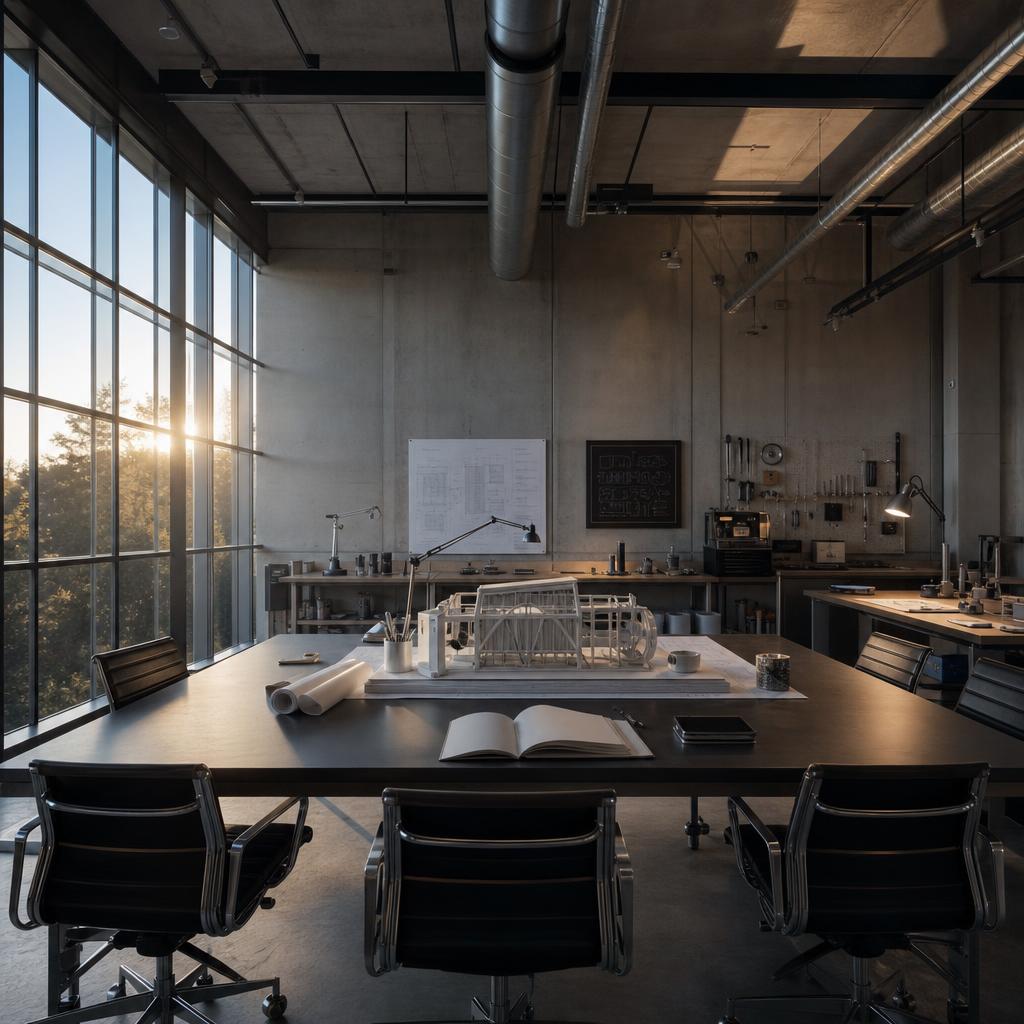 A prepared workshop and prototype table in early morning light