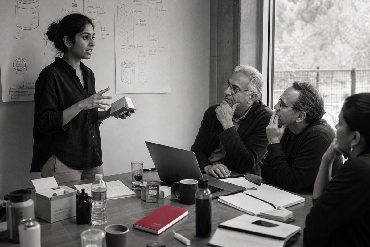 A founder presenting a product concept to a small group at a table