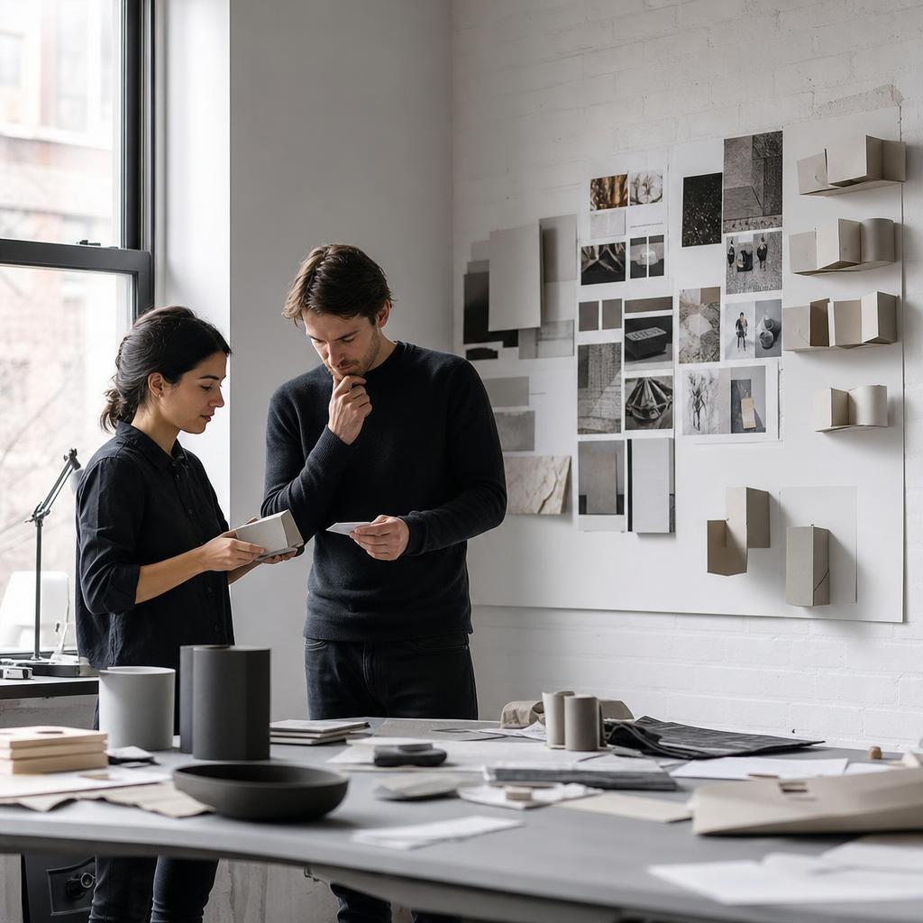 Two founders comparing physical product concepts in a materials studio