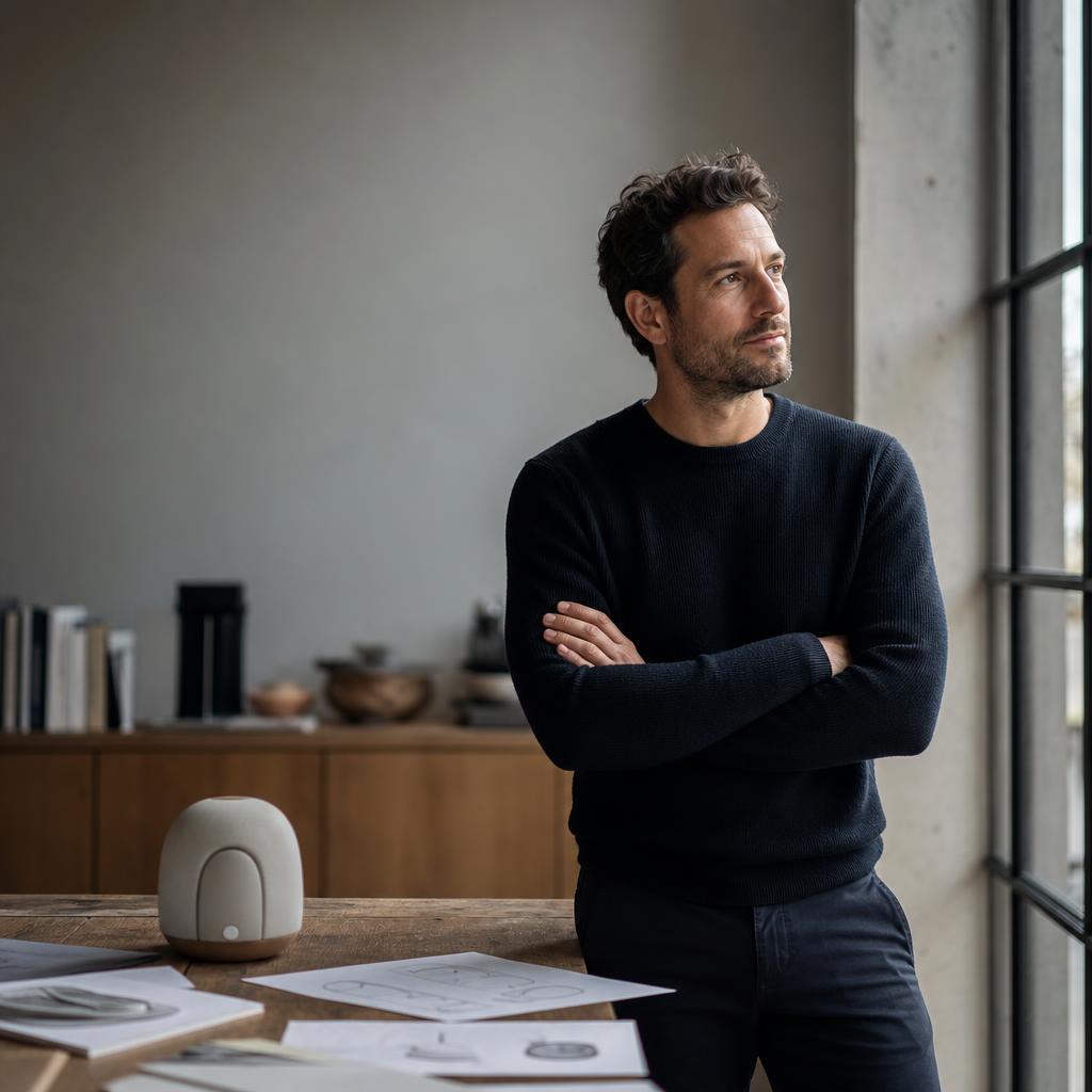 A founder reflecting beside a product sample in a sunlit studio