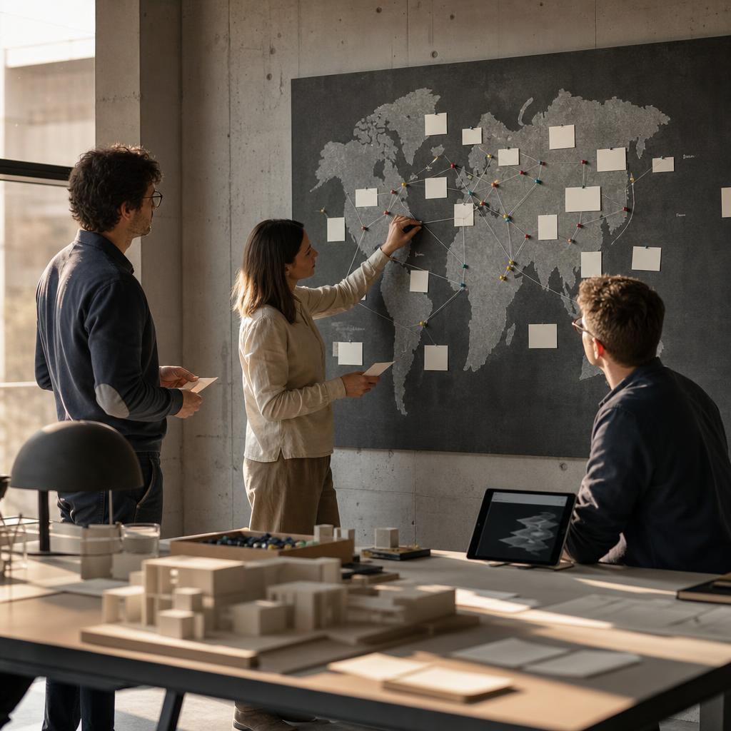 A small team mapping connections and future opportunities around a wall display