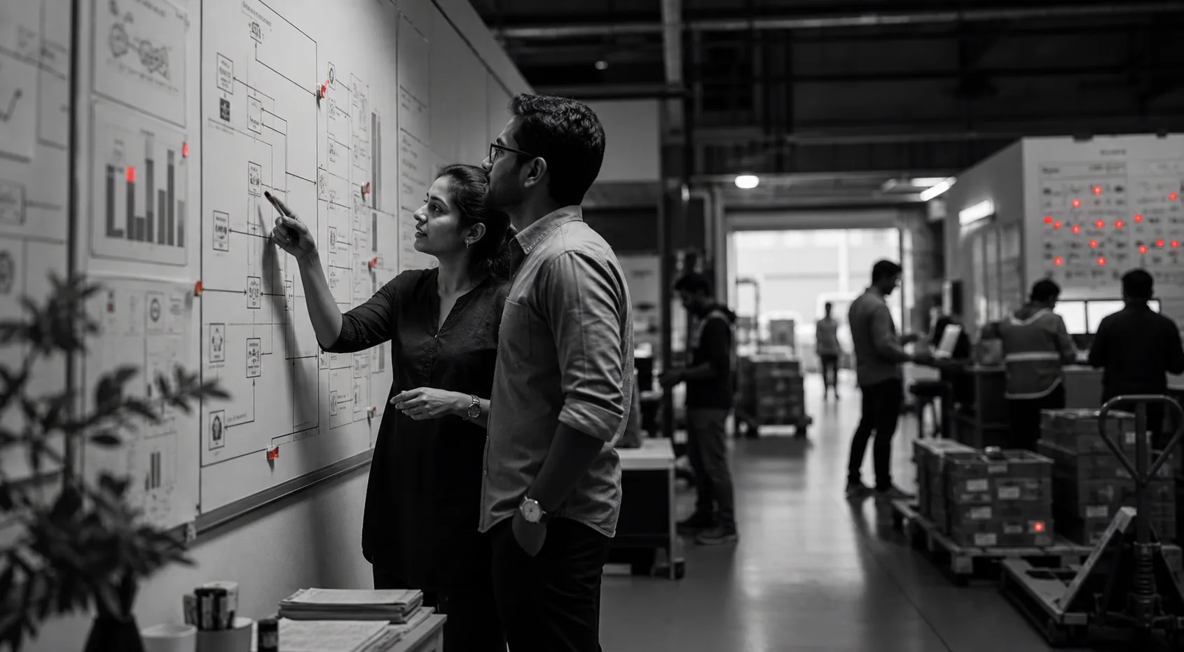 Two workshop participants reviewing operational plans on a wall